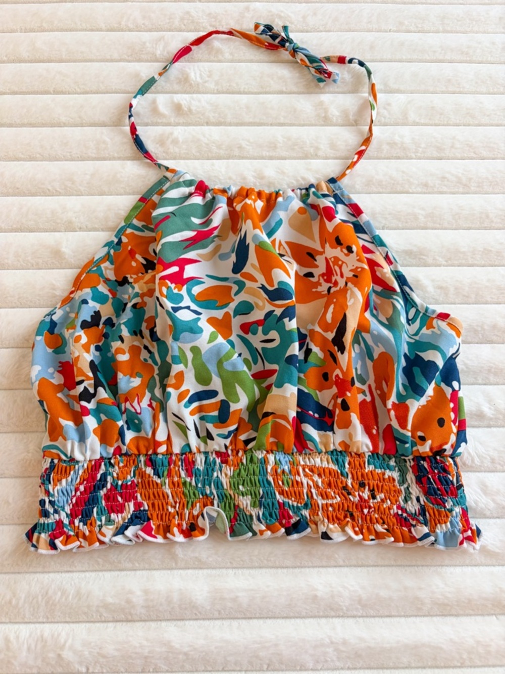 Colorful Abstract Halter Crop Top Smocked Summer Festival Size L